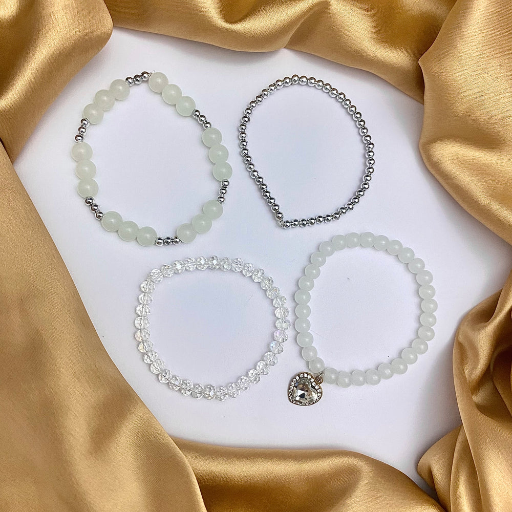 4 Sets of Elegant White and Silver Beads Bracelets Perfect for every Occasion