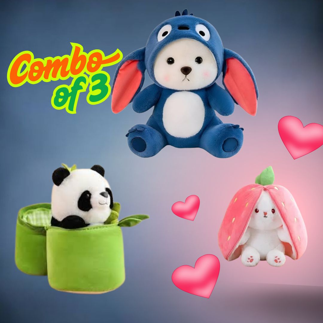 Bamboo Panda, Strawberry Bunny, Hoodie Teddy Plush Combo