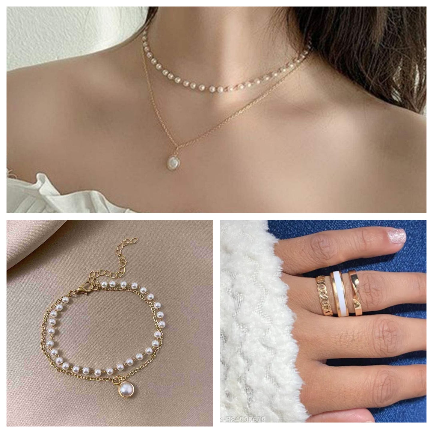 Rich Look 2 Layered Beeds Necklace with Matching 3 Rings Set and Bracelet