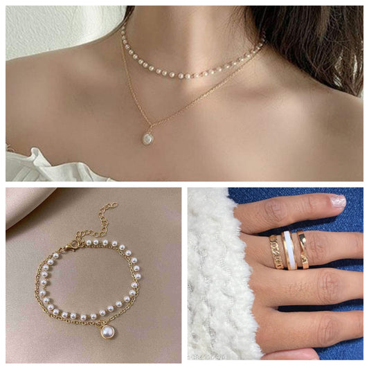 Rich Look 2 Layered Beeds Necklace with Matching 3 Rings Set and Bracelet