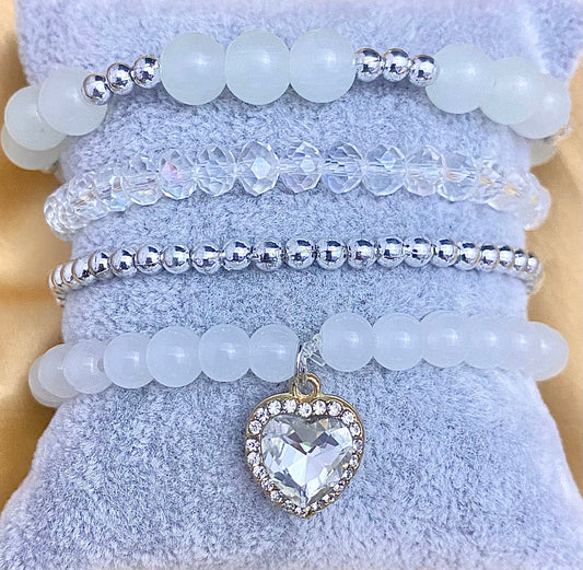 4 Sets of Elegant White and Silver Beads Bracelets Perfect for every Occasion