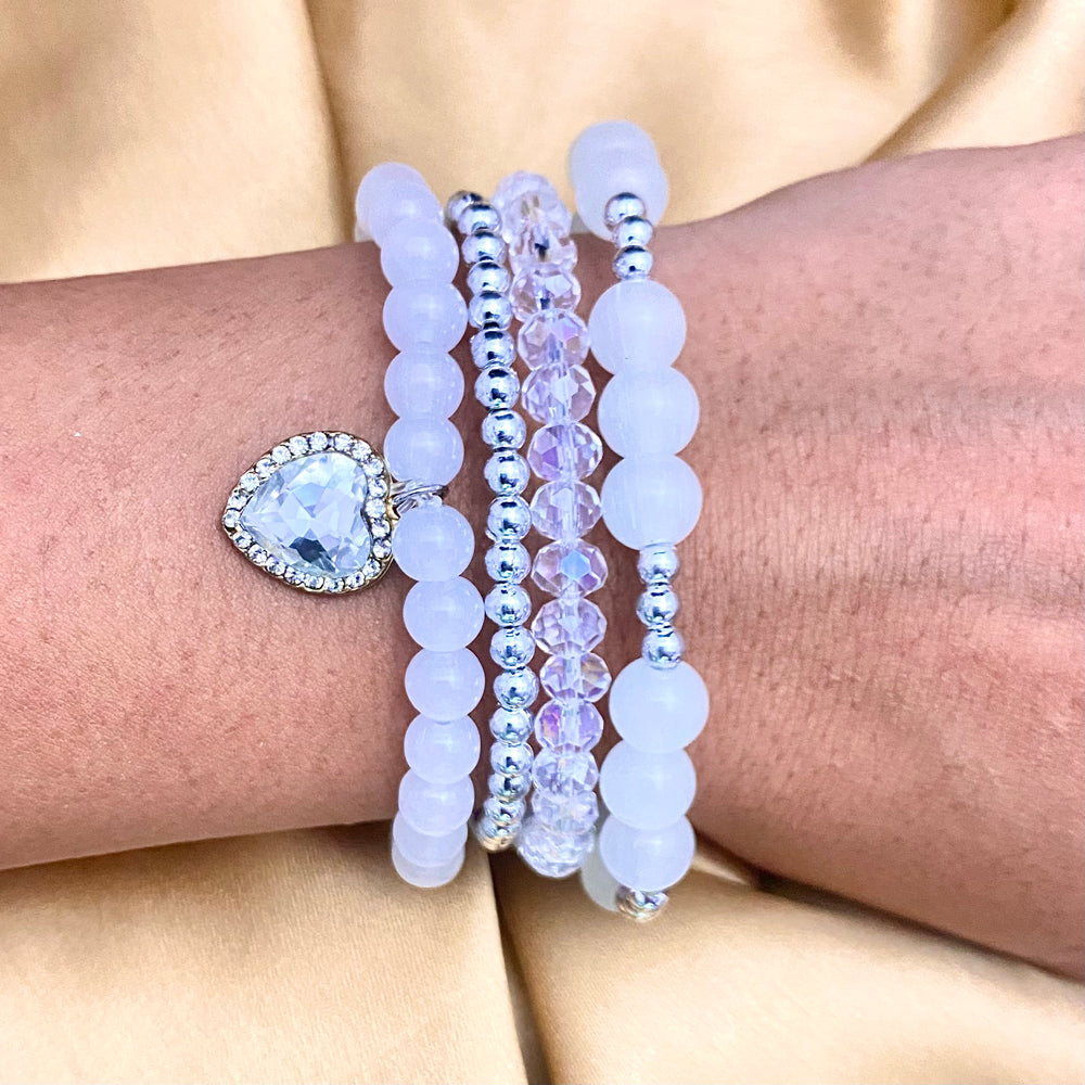 4 Sets of Elegant White and Silver Beads Bracelets Perfect for every Occasion