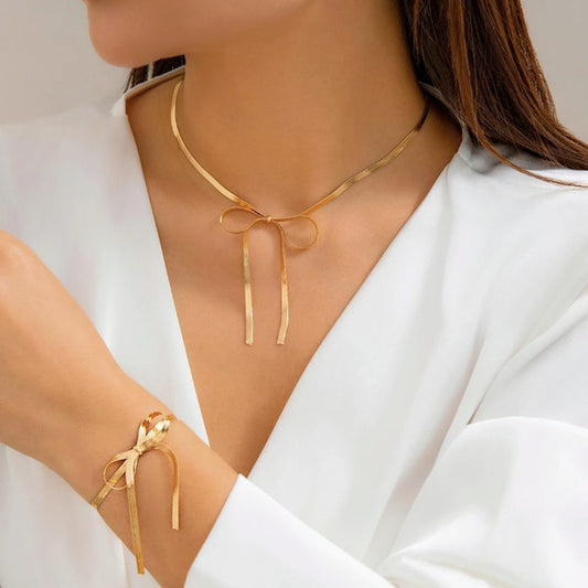 18K Gold Plated Anti-Tarnish Bow Necklace and Bracelet Set